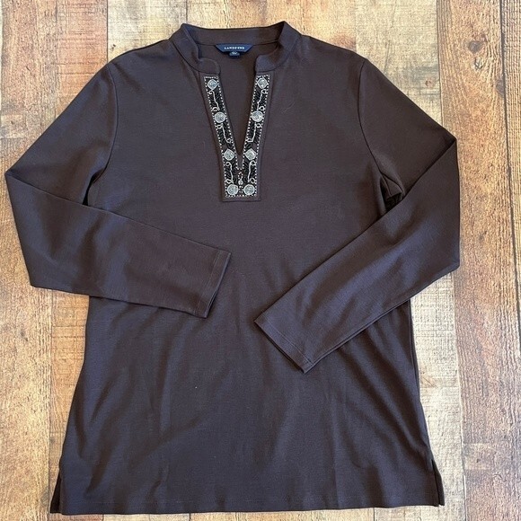 Lands' End Brown Tunic Beaded Split Neck Medium Solid Boho Coastal - Picture 7 of 9